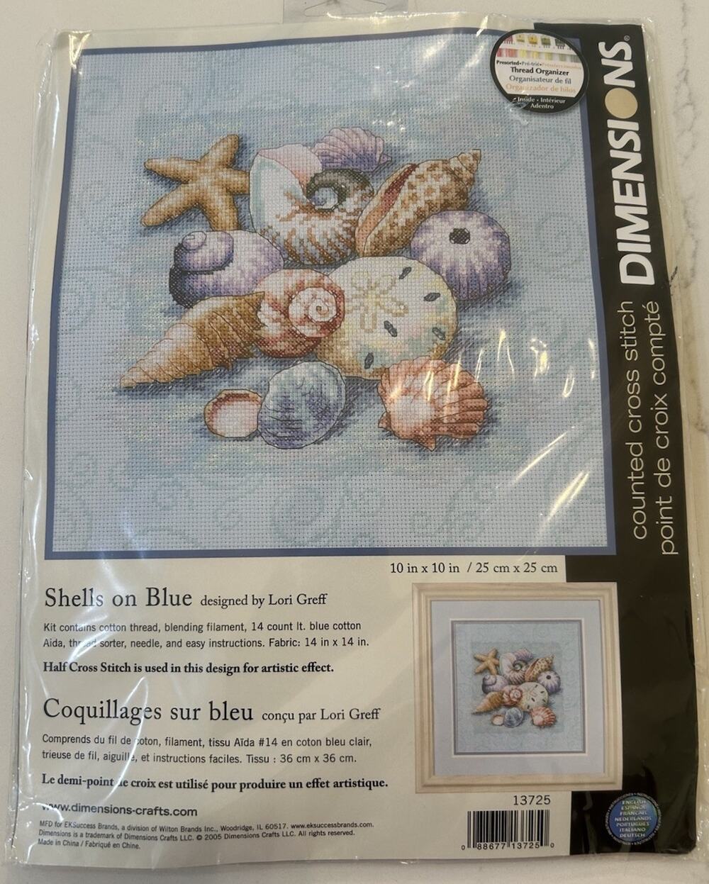 Vtg Dimensions SHELLS ON BLUE Counted Cross Stitch Kit Seashells #13725 SEALED